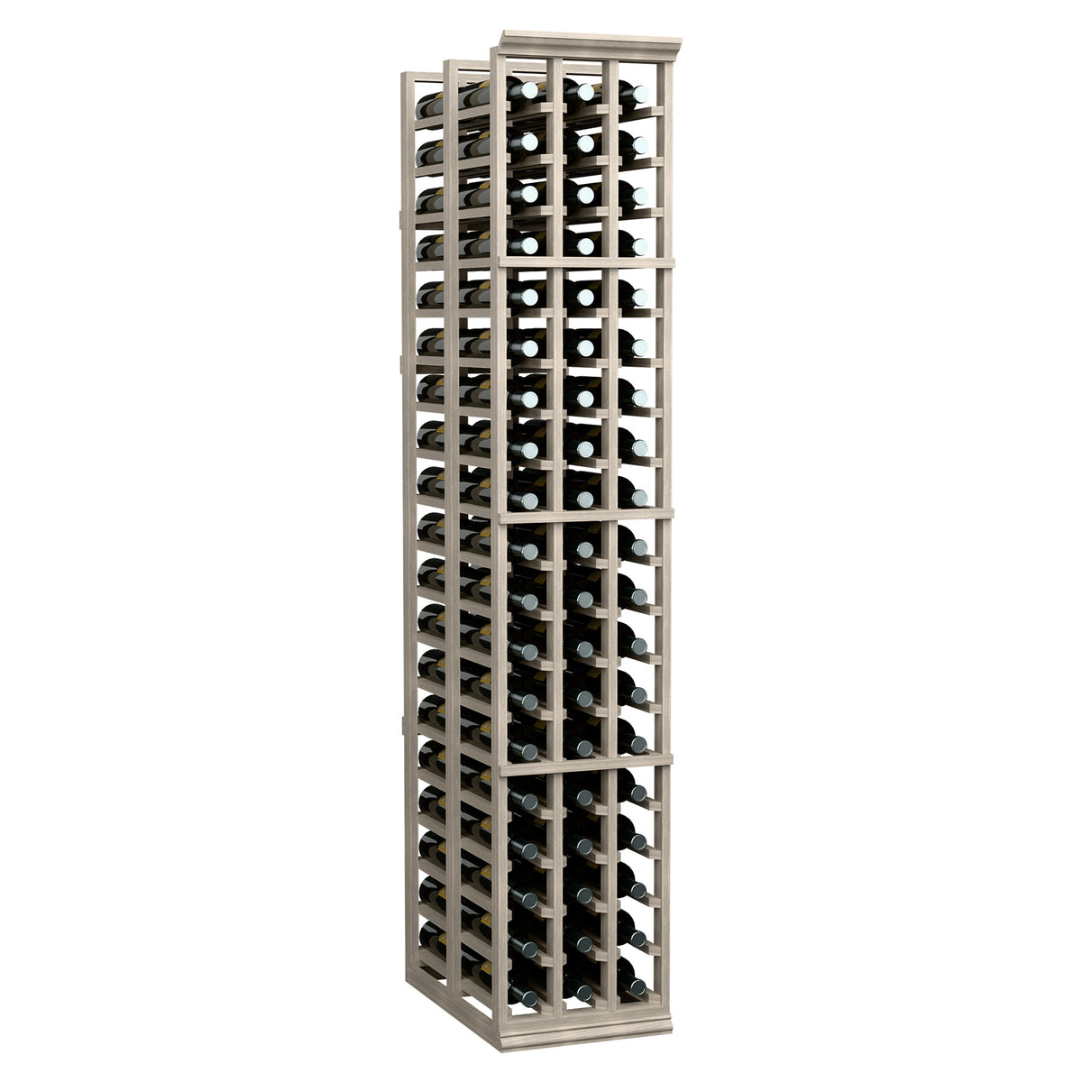 Light gray-stained wooden wine bottle rack with multiple rows of upright bottles