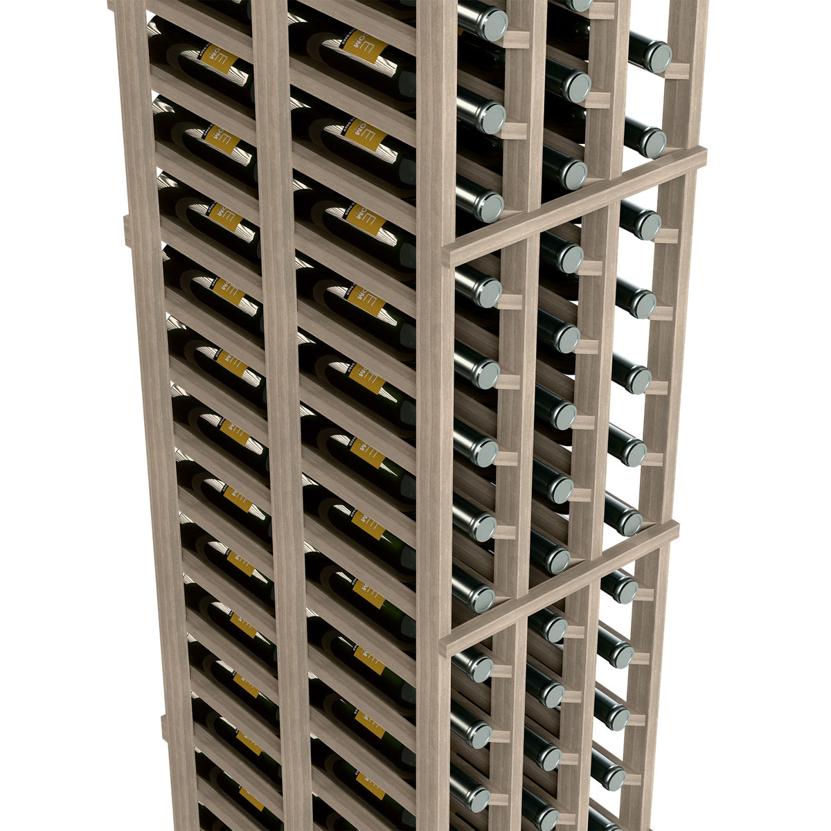 Light gray-stained wine rack close-up showing upright bottles in horizontal slots
