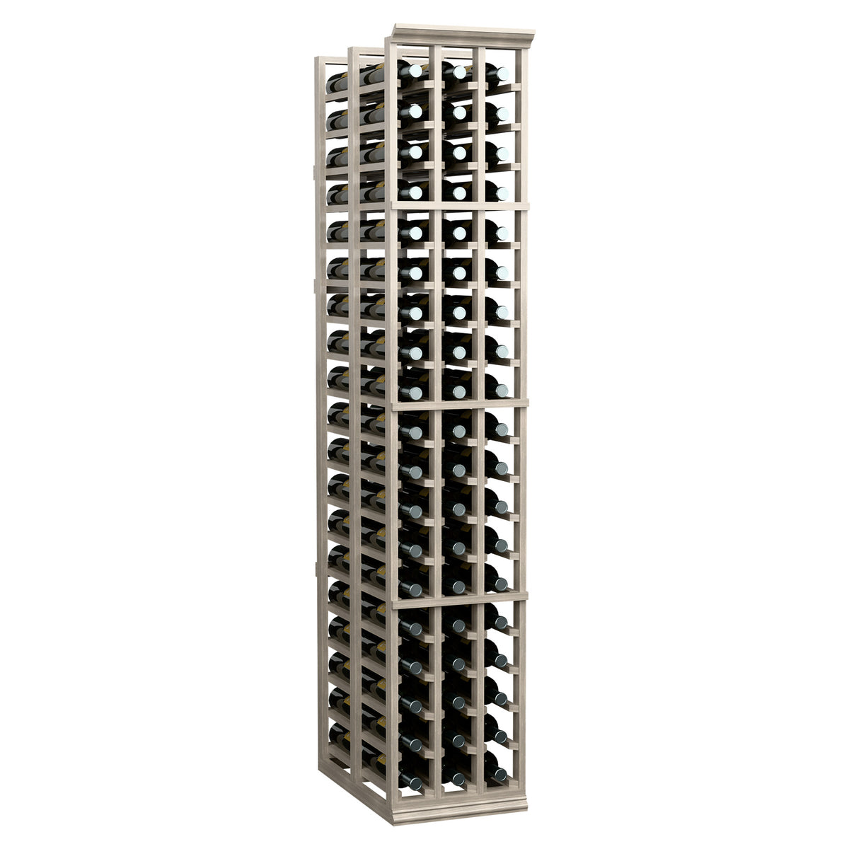 Light gray wooden wine bottle rack with rows of upright wine bottles for storage