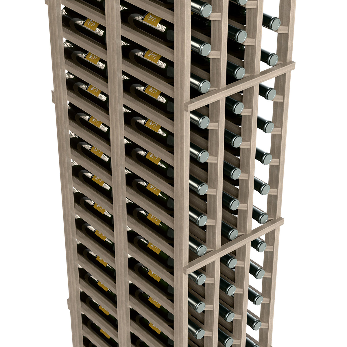 Wood wine bottle rack with three columns, double-deep storage for 6-foot height.