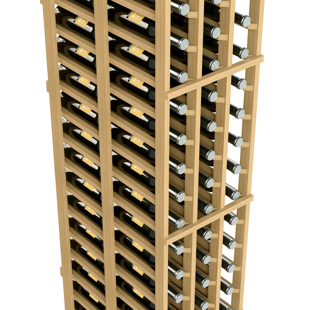 Light wood wine rack close-up with upright bottles and evenly spaced slots