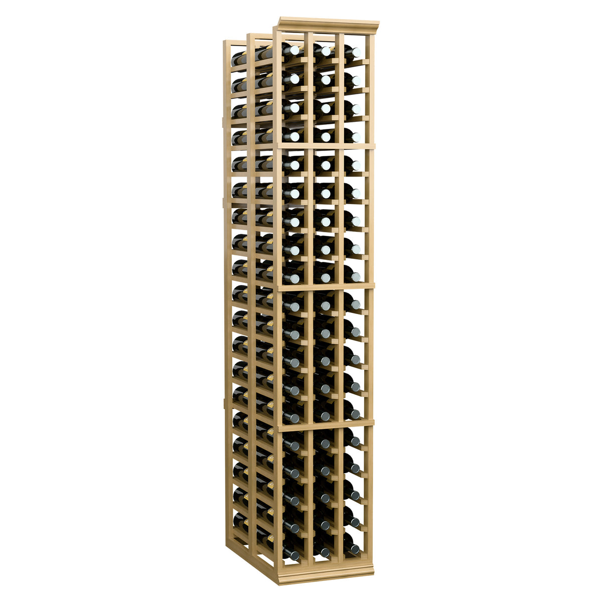 Light wood wine bottle rack standing upright with multiple rows of storage slots