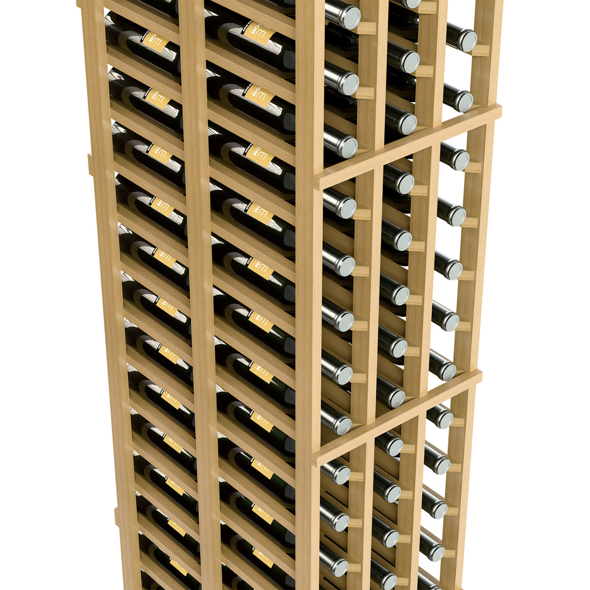 Light wood wine rack close-up showing upright bottles in multiple horizontal rows