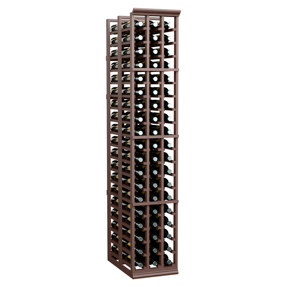 Dark brown-stained wooden wine bottle rack with stacked rows of upright bottles