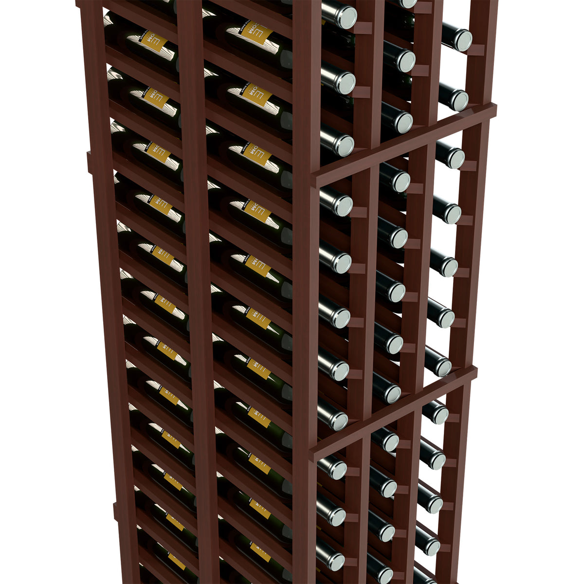 Dark brown wine rack close-up with upright bottles in horizontal storage slots