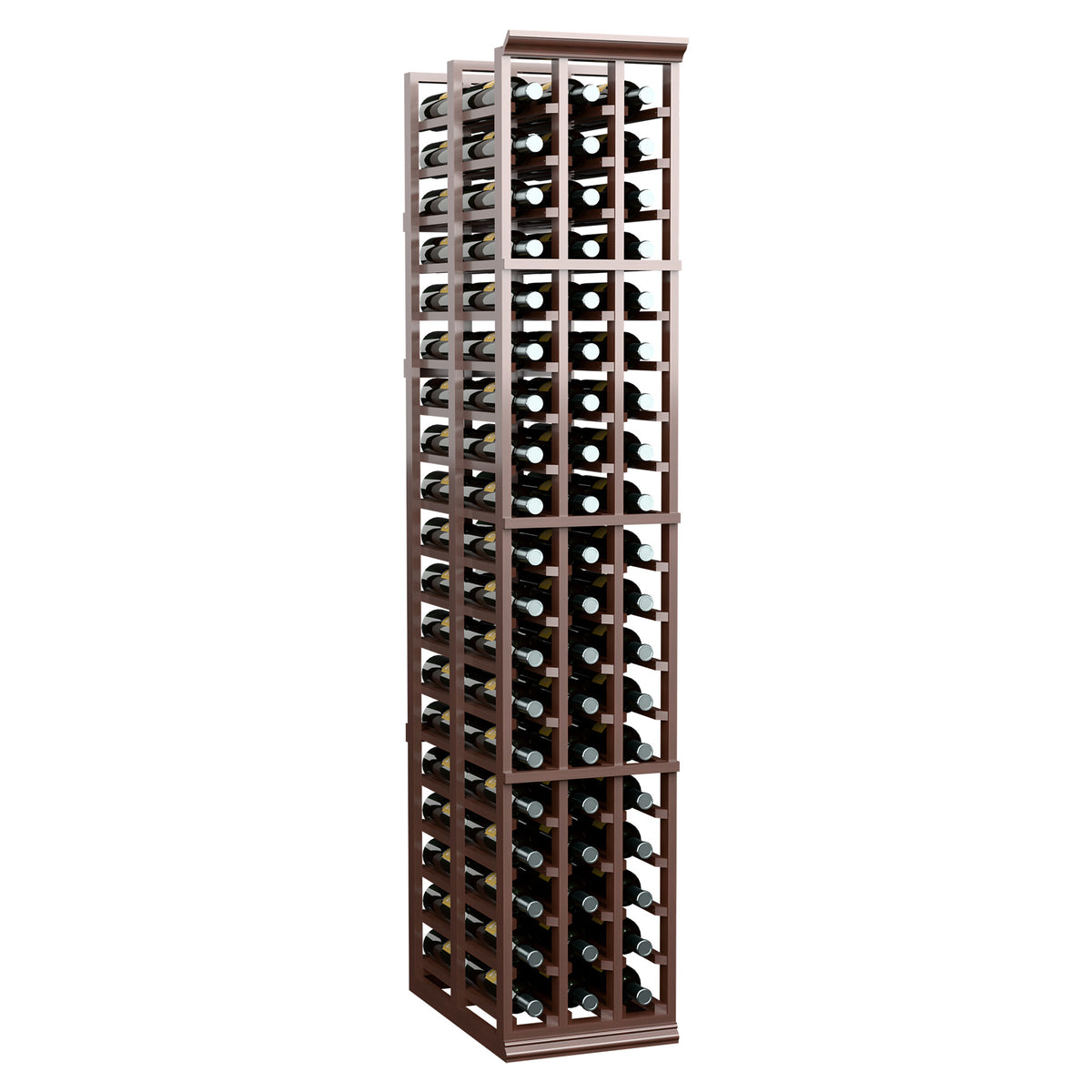 6ft double-deep wine rack, dark wood three-column frame with bottle cubbies