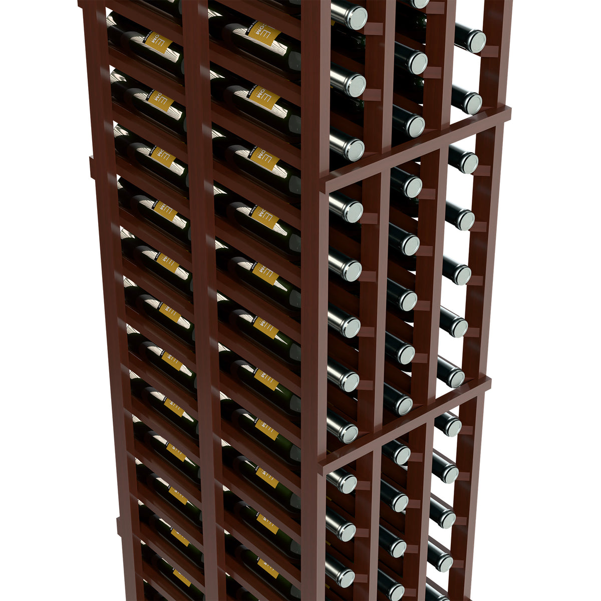 Dark wood wine rack with double-deep bottle storage and front glass holders