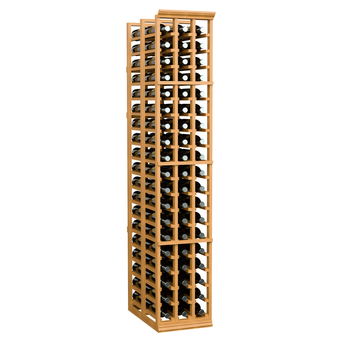 6ft double-deep wine rack, light wood three-column frame with bottle cubbies