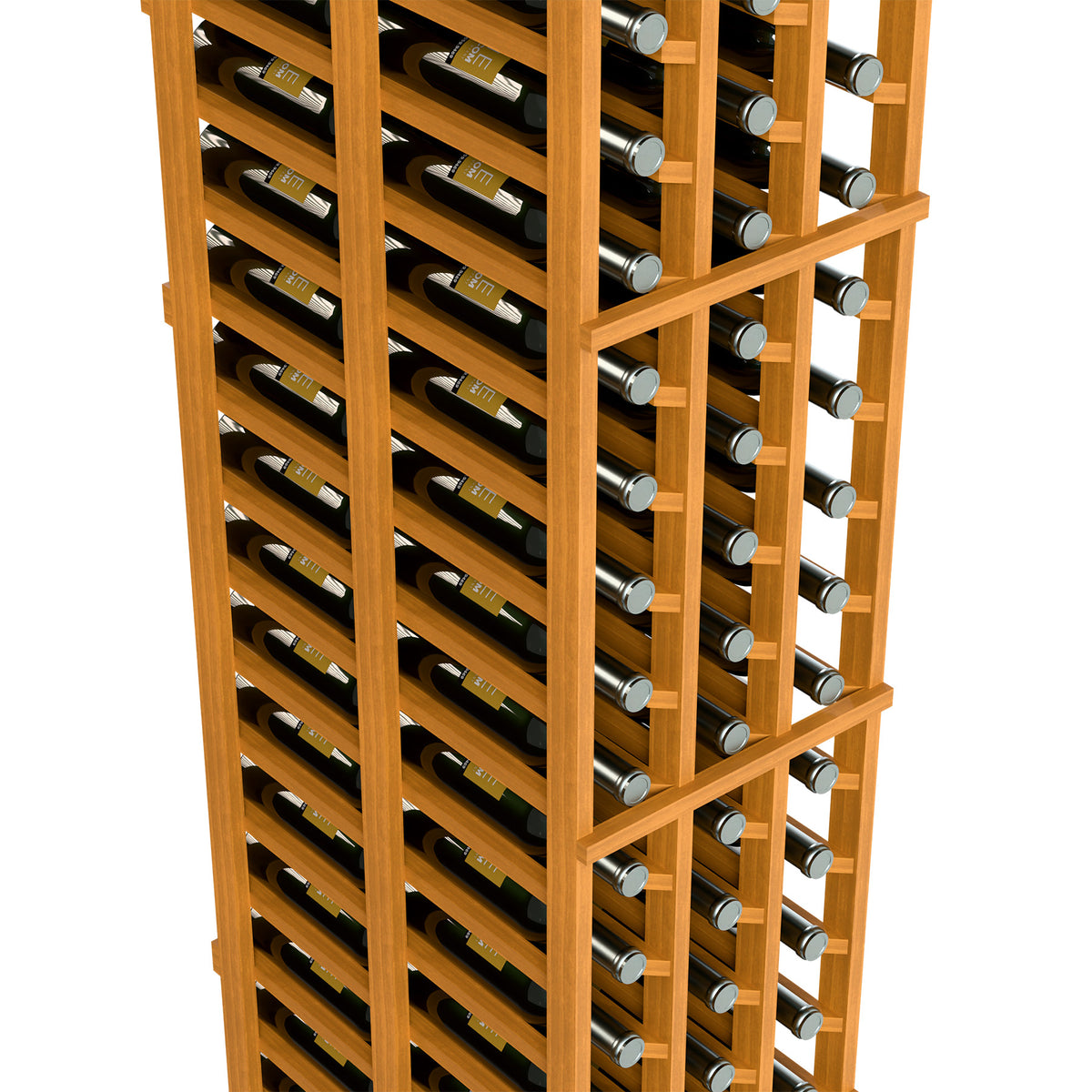 Light wood wine rack with double-deep bottle storage and front glass holders