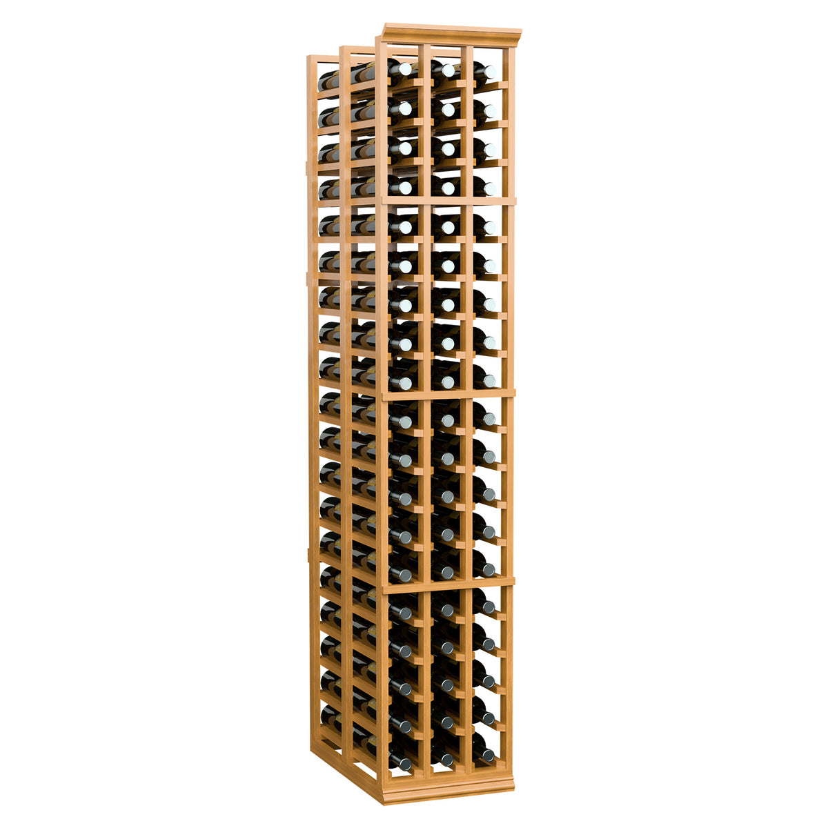 6ft double-deep wine rack, warm light wood three-column frame with bottle cubbies
