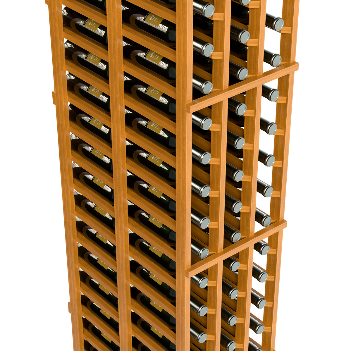 Warm light wood wine rack with double-deep bottle storage and front glass holders