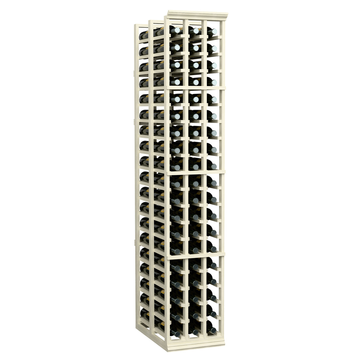 6ft double-deep wine rack, whitewashed three-column frame with bottle cubbies