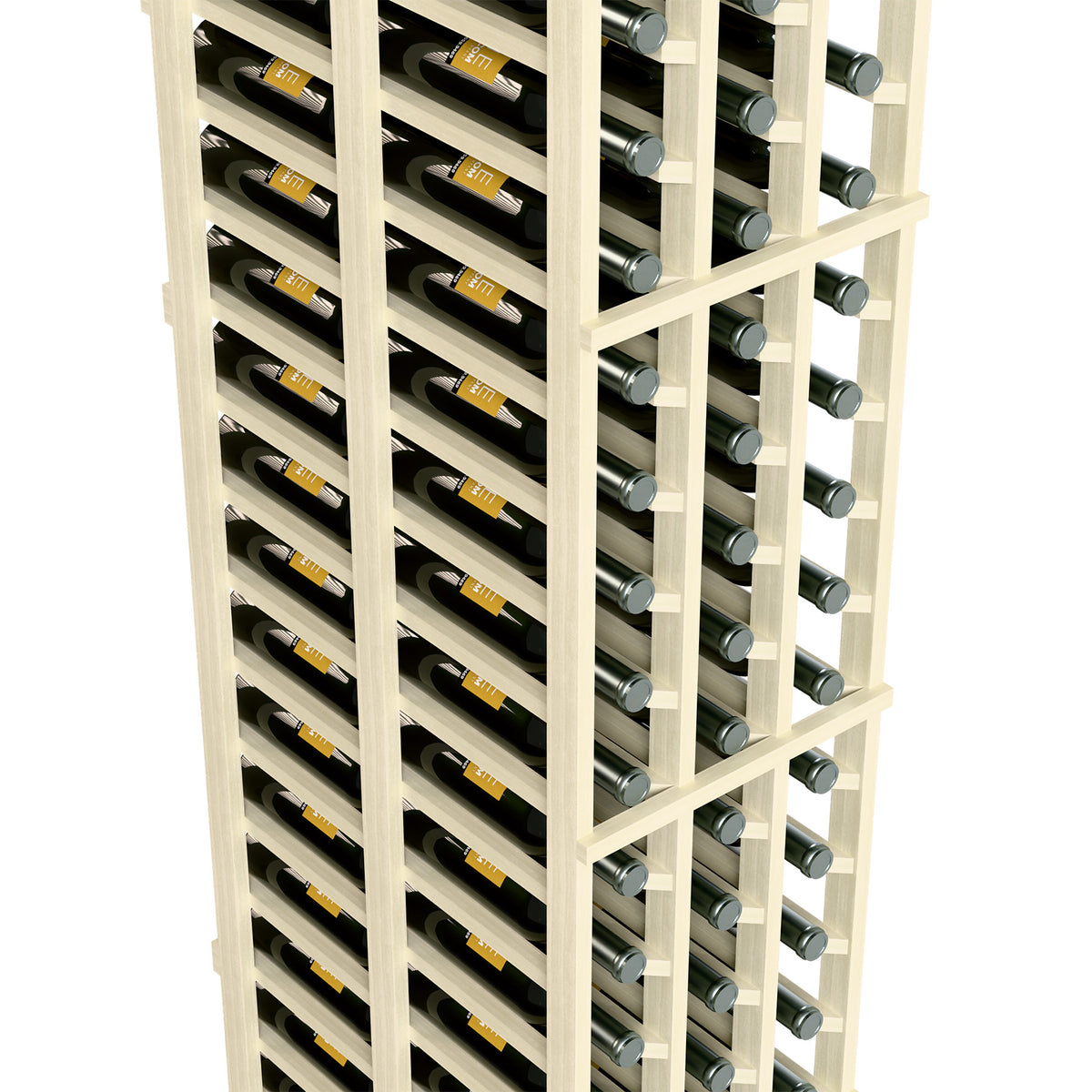 Whitewashed wine rack with double-deep bottle storage and front glass holders