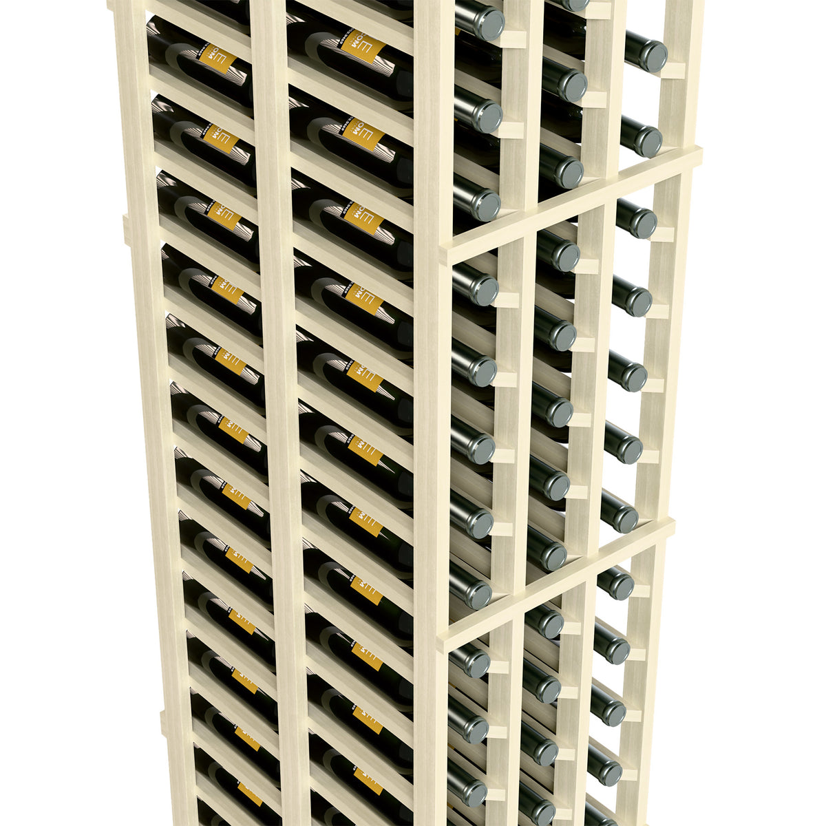 Whitewashed wine rack with double-deep bottle storage and front glass holders