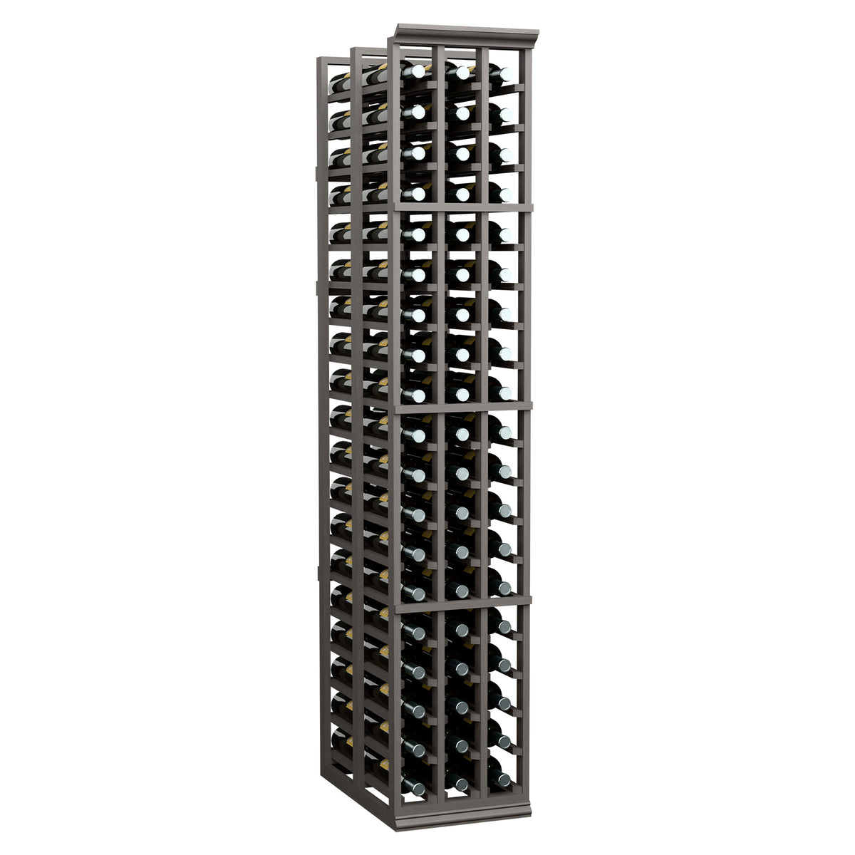 Tall double-deep wine bottle rack with dark wood frame and 3 columns of bottle slots