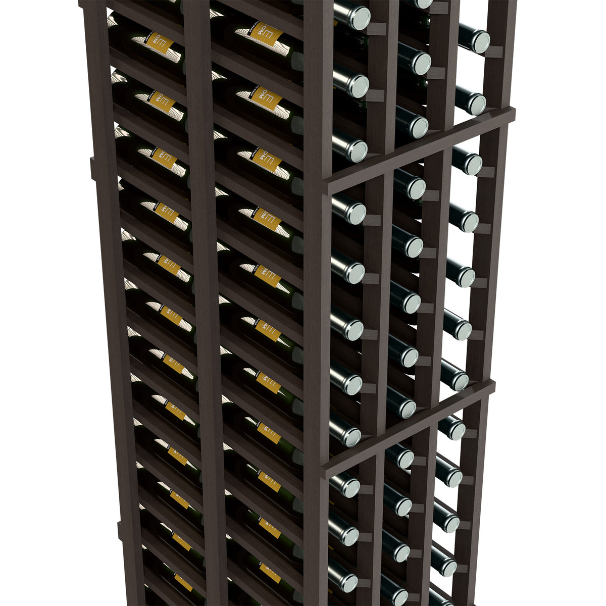 Close view of dark wood wine rack showing rows of bottle slots and silver bottle caps