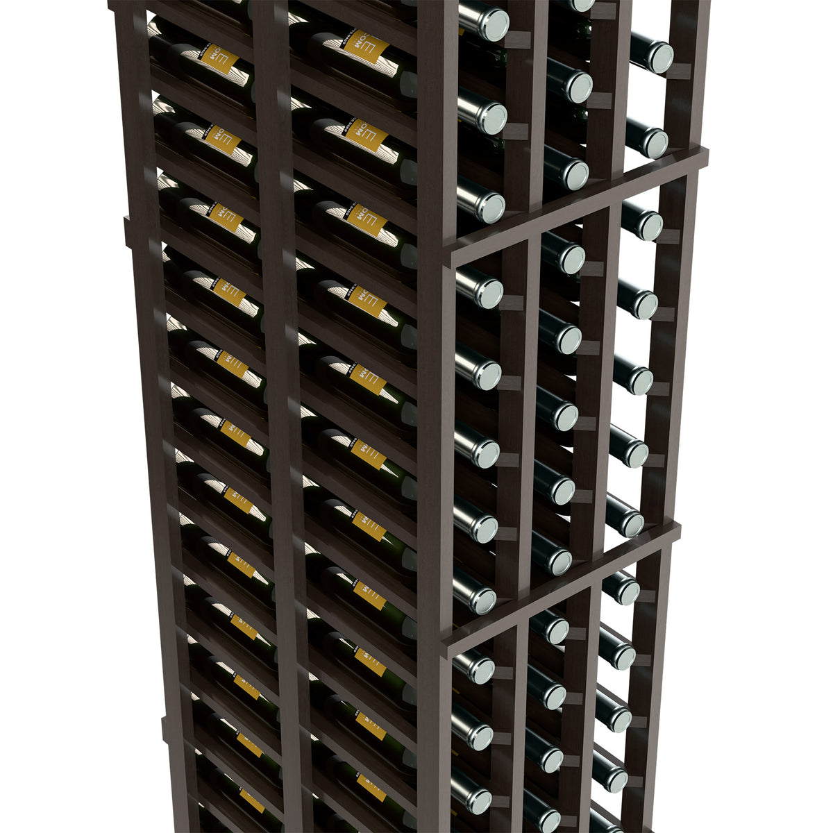 Angled view of dark wood wine rack with two deep rows of bottle openings per column
