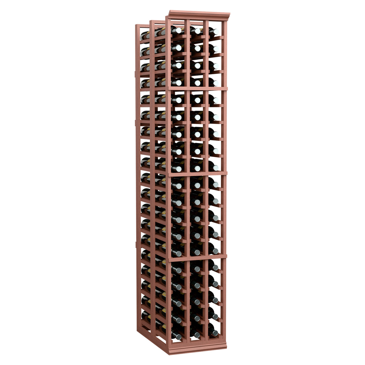 Tall double-deep wine bottle rack with reddish-brown wood frame and 3 column slots