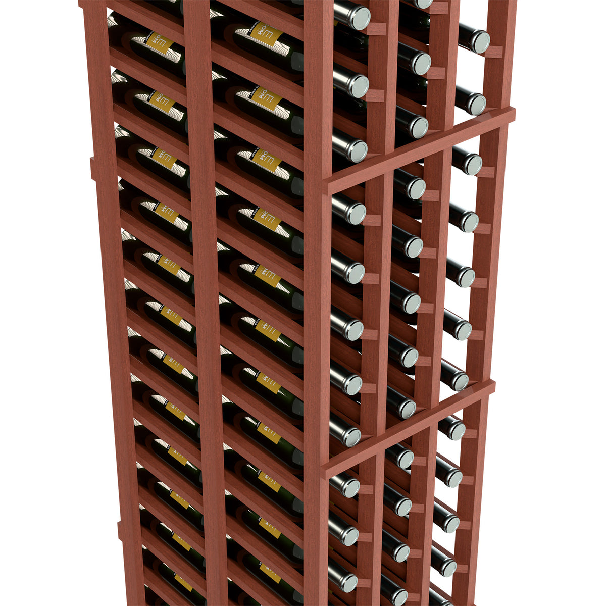 Close view of reddish-brown wine rack with bottle rows and metal-capped bottles