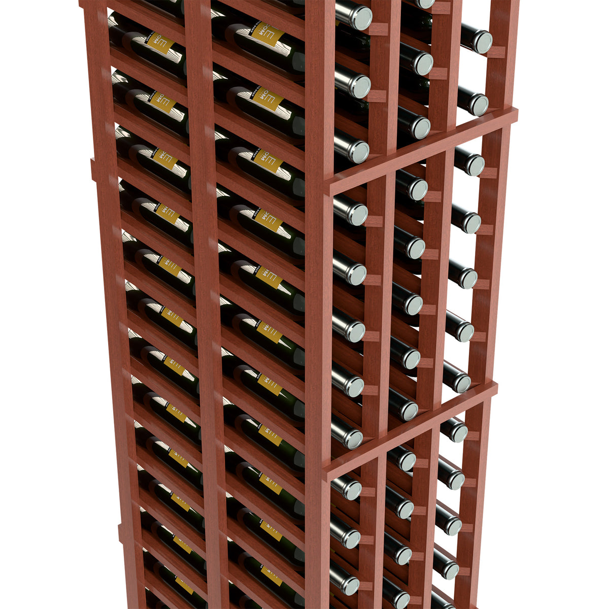 Angled view of reddish-brown wine rack with stacked bottle slots across three columns
