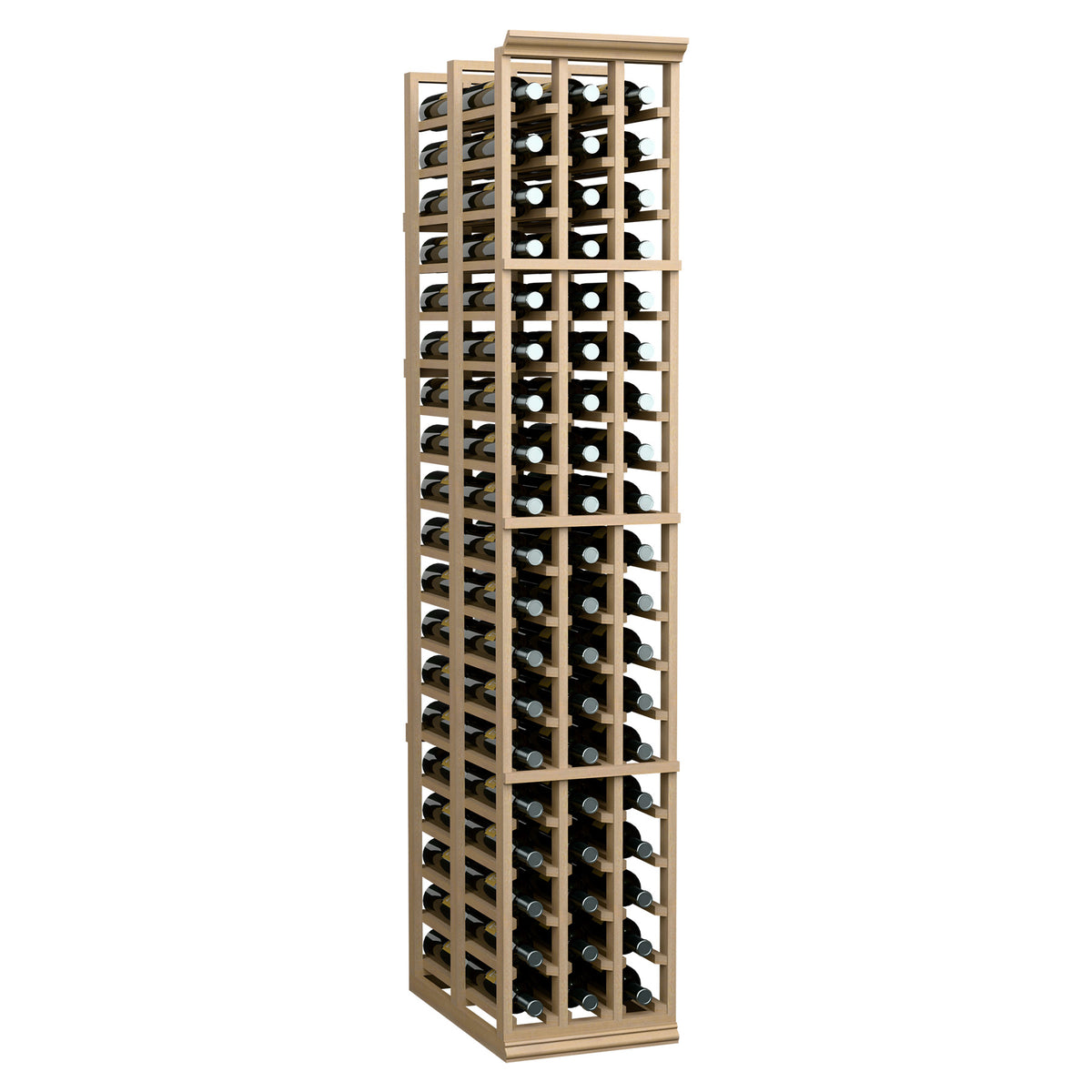 Tall double-deep wine bottle rack with light wood frame and 3 columns of bottle slots
