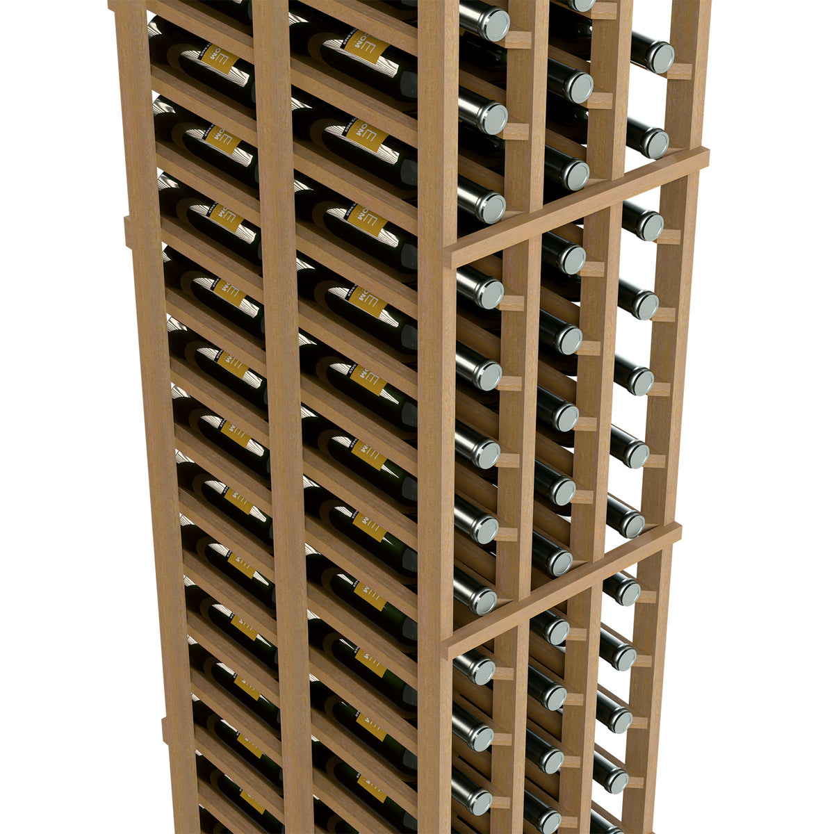 Close view of light wood wine rack with rows of bottle openings and silver bottle caps