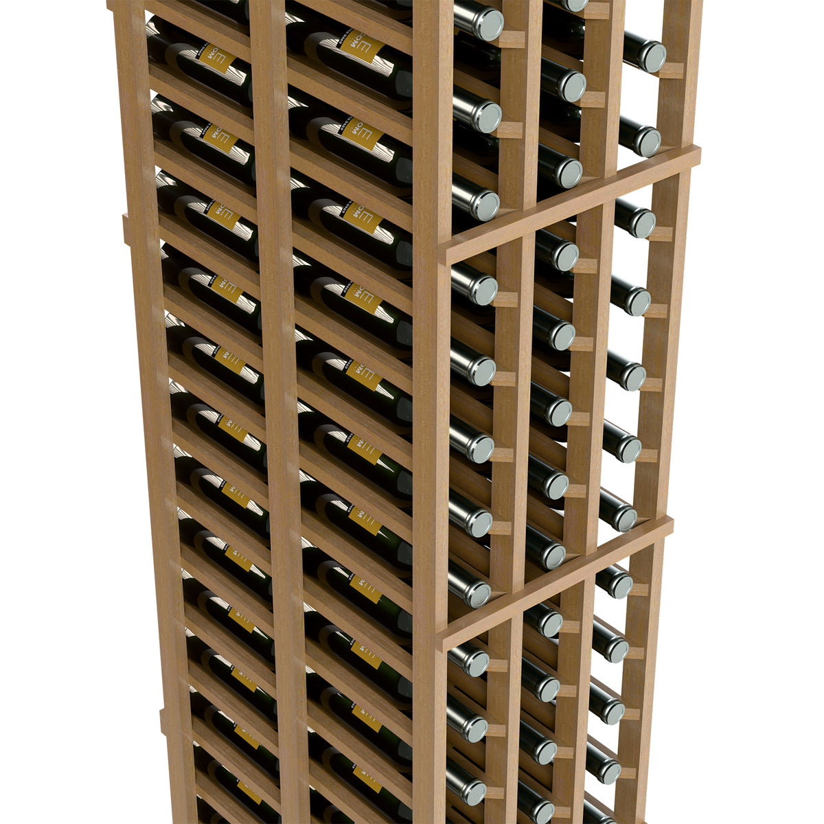 Light wood wine rack close-up showing bottle neck slots and labels