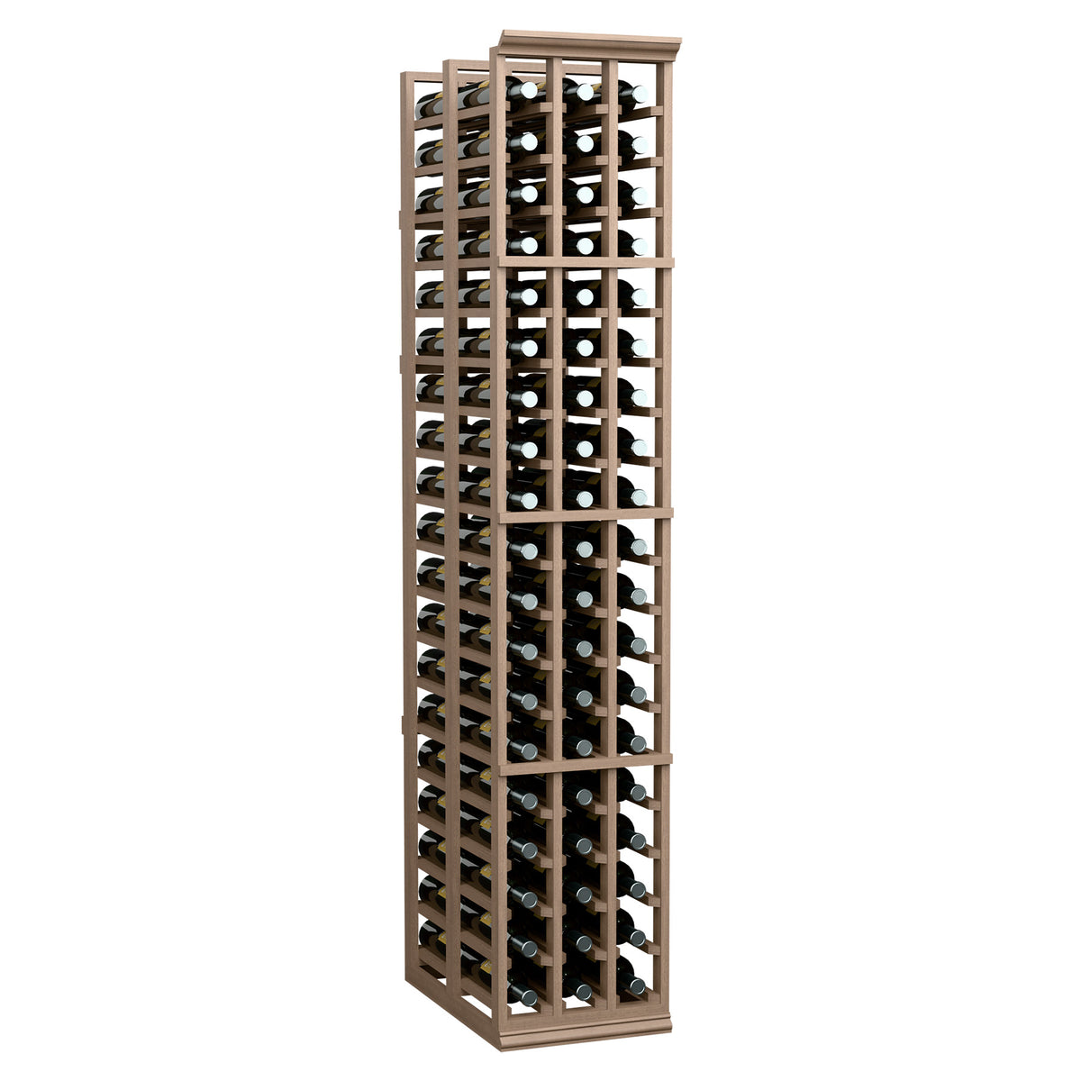 Light wood wine bottle rack standing upright with multiple bottle rows