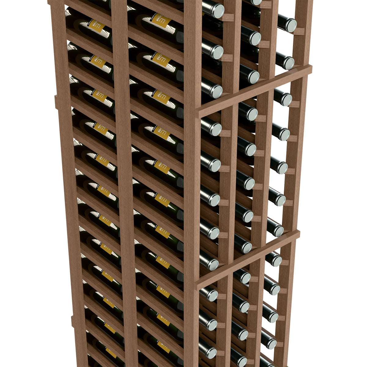 Medium brown wood wine rack close-up with bottle slots in rows