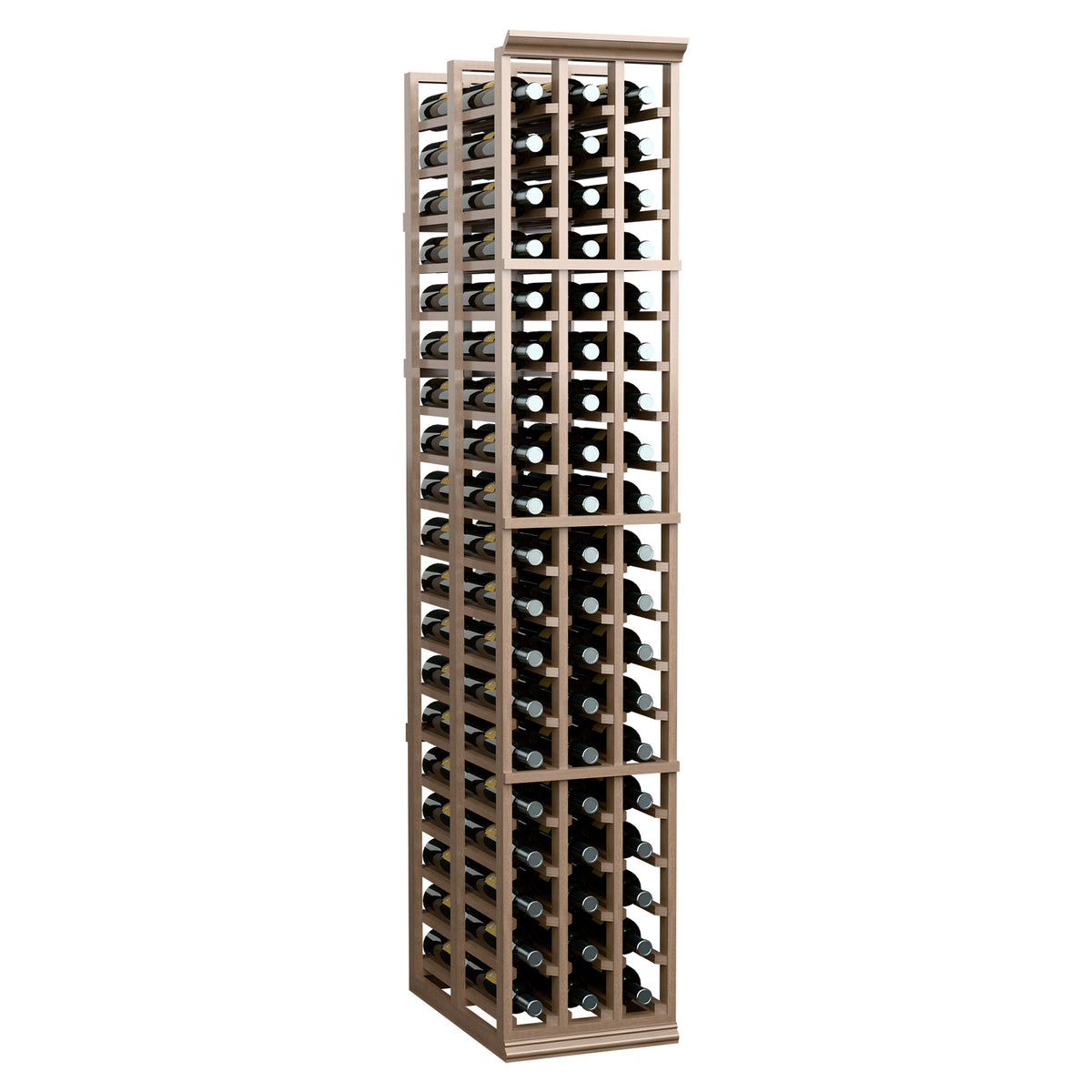 Light wood wine bottle rack with open grid design and many bottle openings