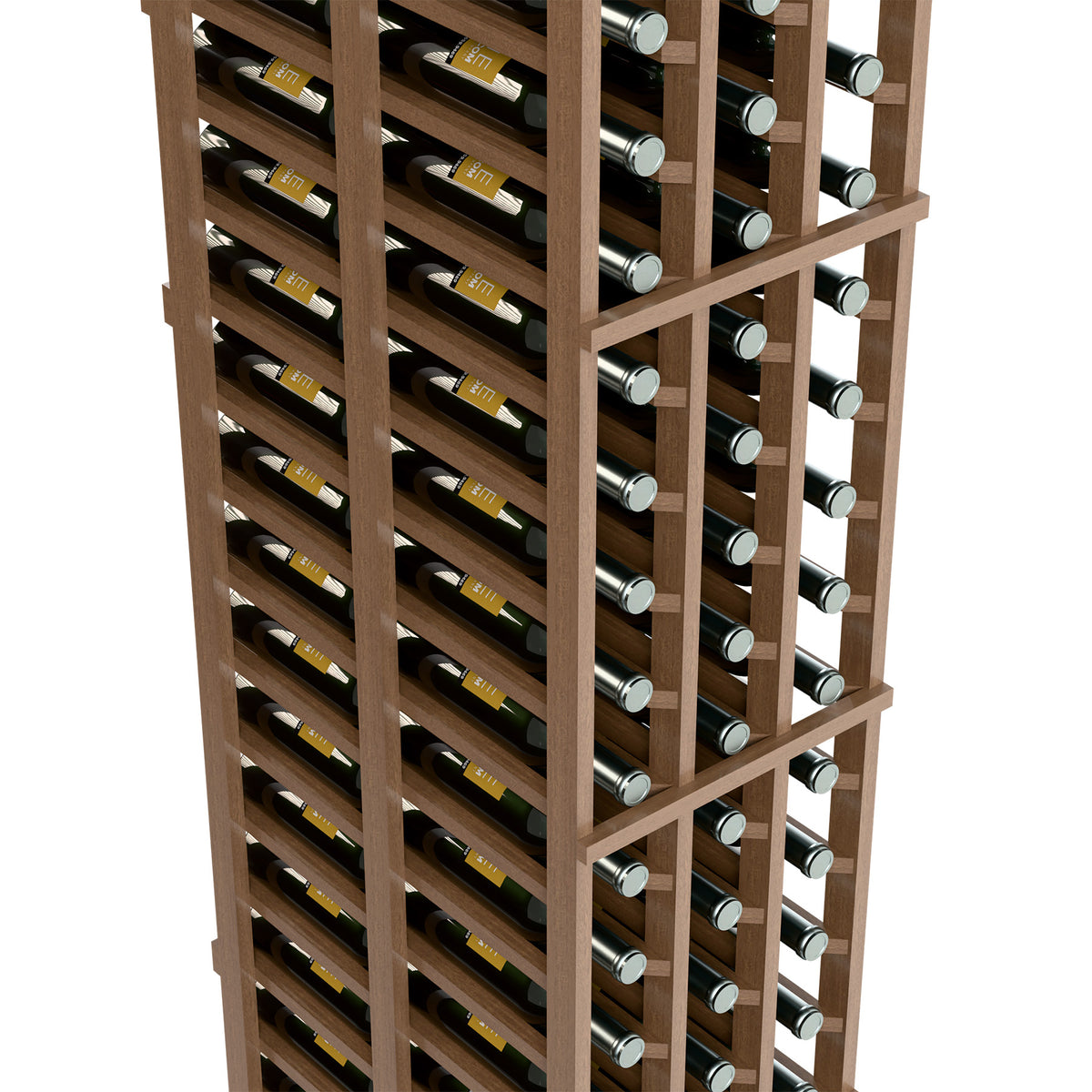 Medium brown wine bottle rack close-up showing bottle positions in rows