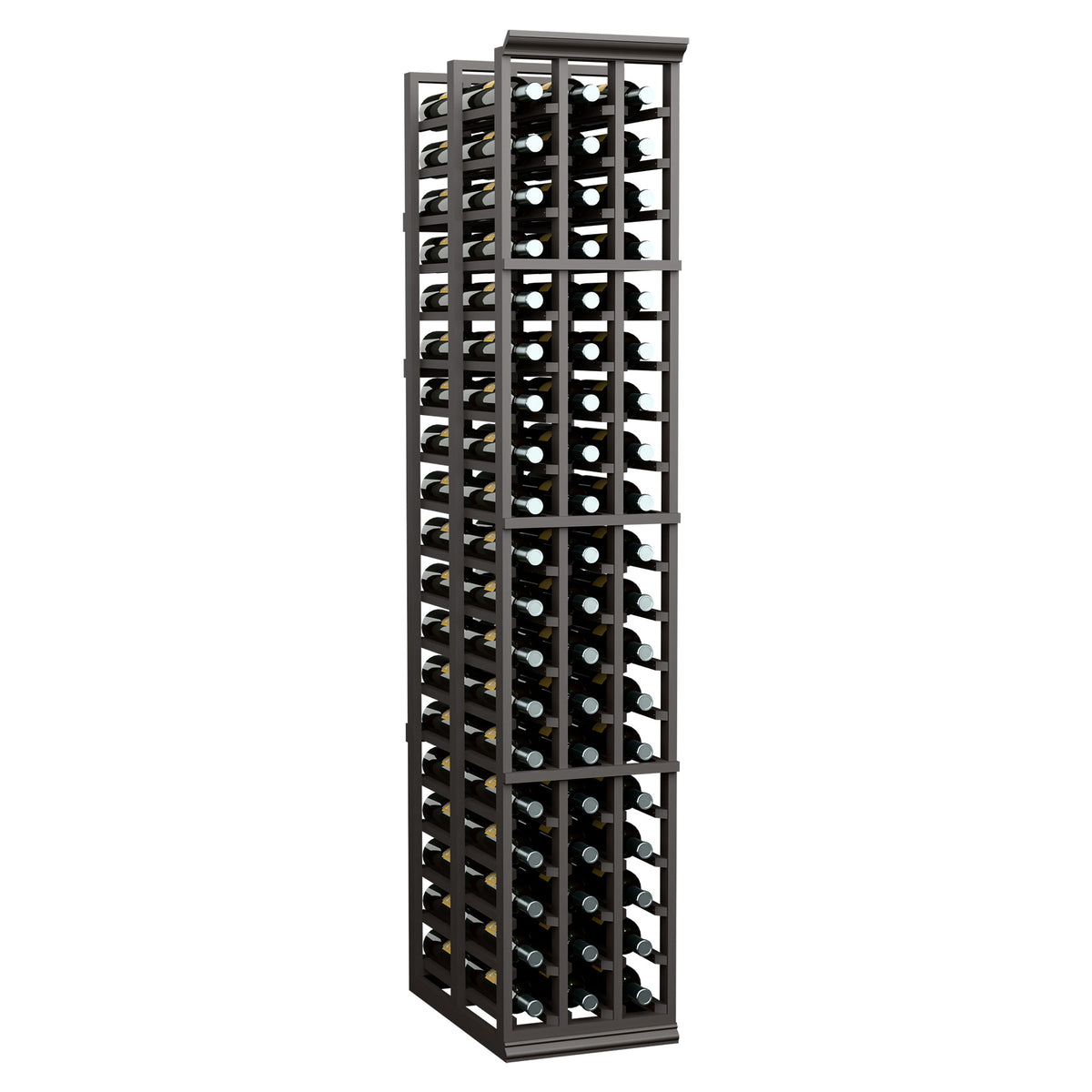 Dark wood wine bottle rack with front grid and many bottle openings
