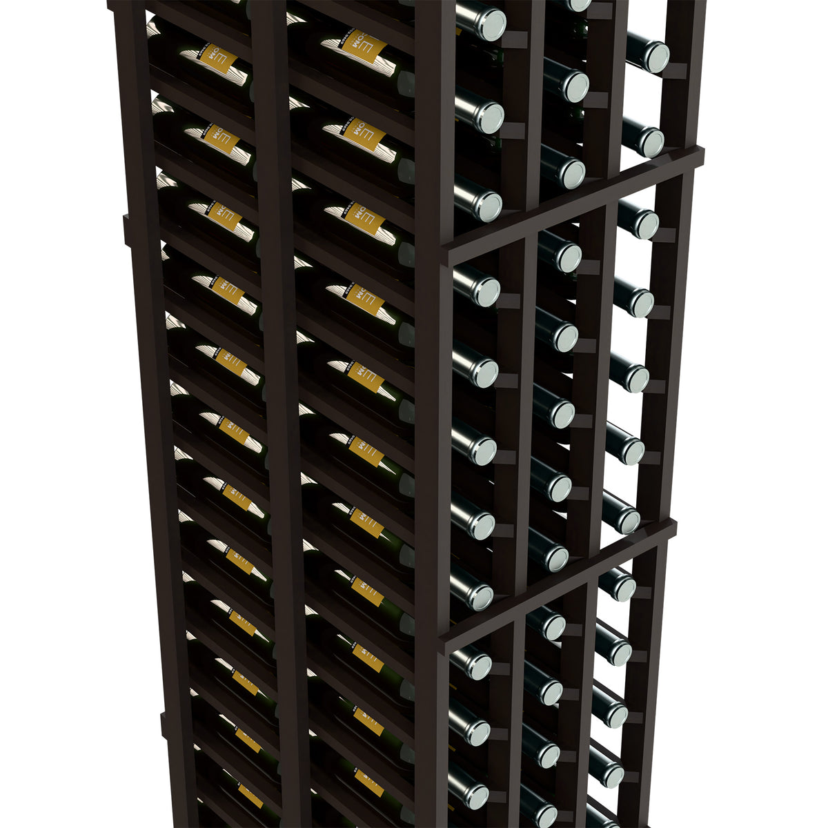 Dark wood wine rack close-up showing bottle necks in two deep rows