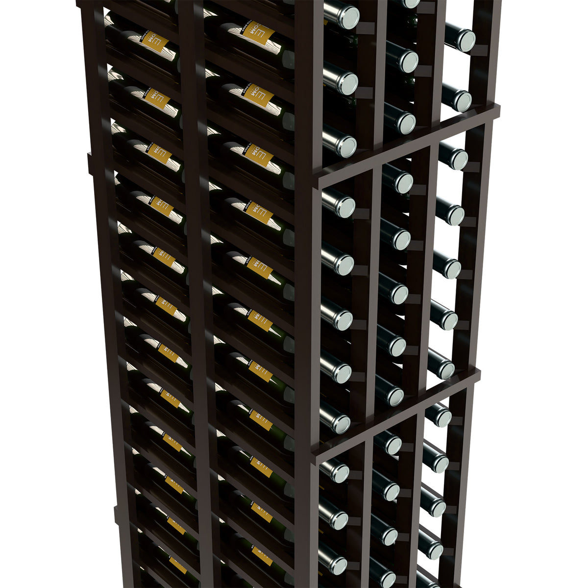 Dark wood wine rack close-up with bottle rows and silver bottle caps