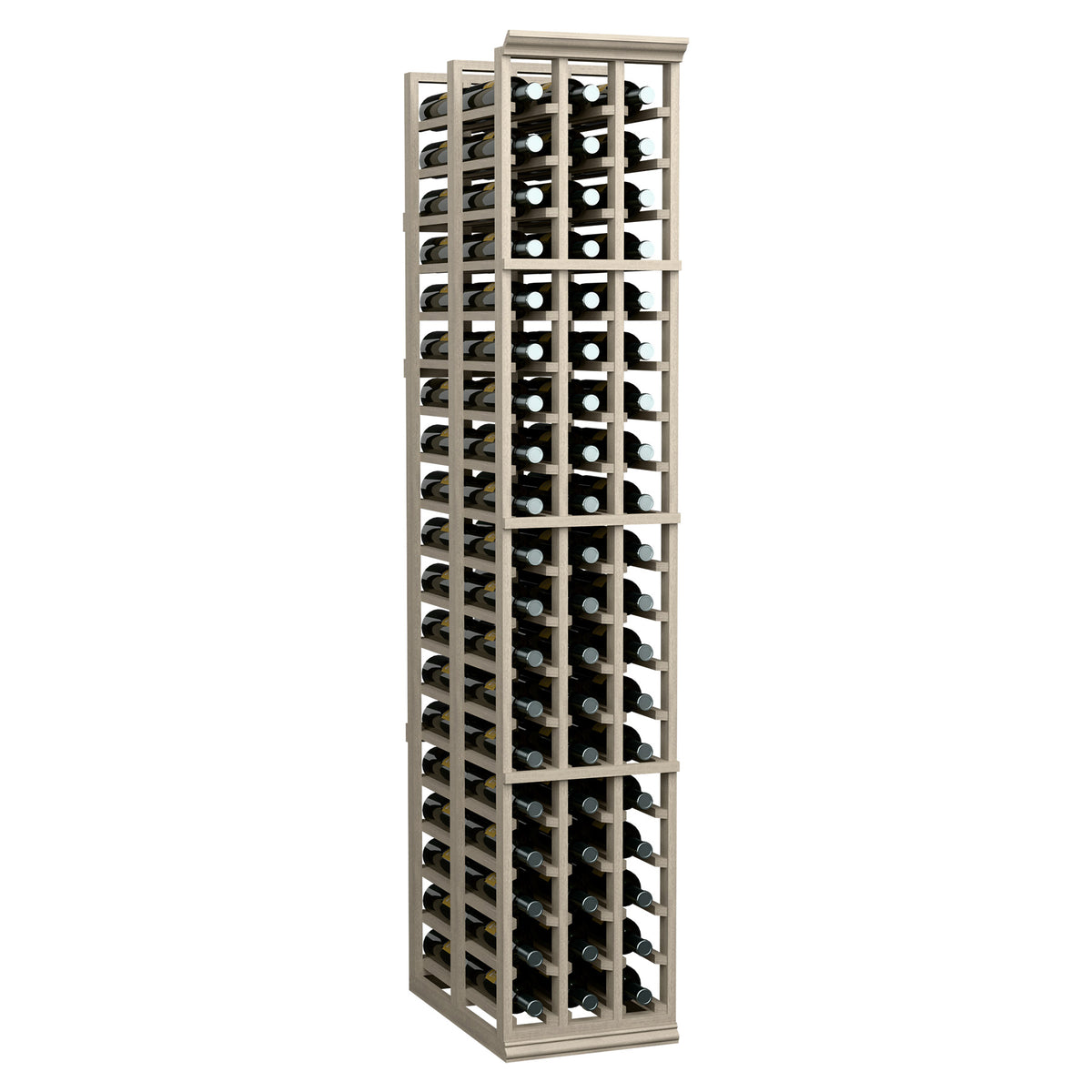 Wine bottle storage rack, tall gray wood, 3-column double-deep rows of bottles