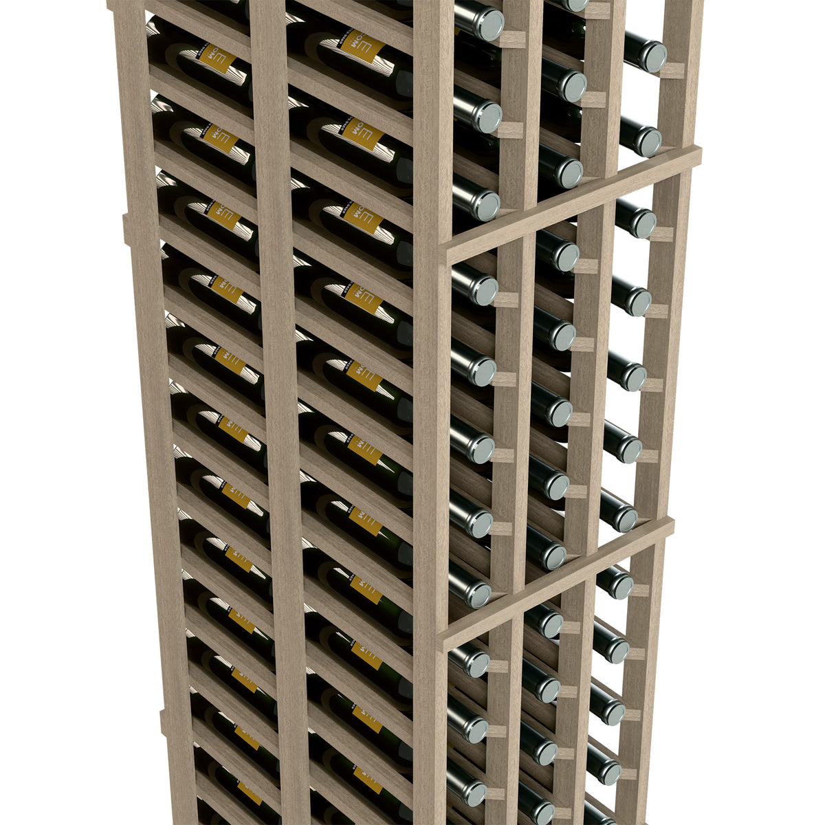 Wood wine rack close-up with 3-column double-deep bottle rows and metal bottle neck rings