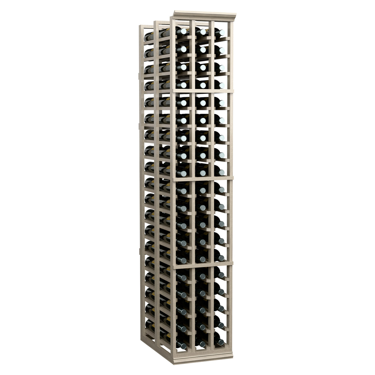 Wine bottle storage rack, tall gray wood frame with grid shelves holding bottles