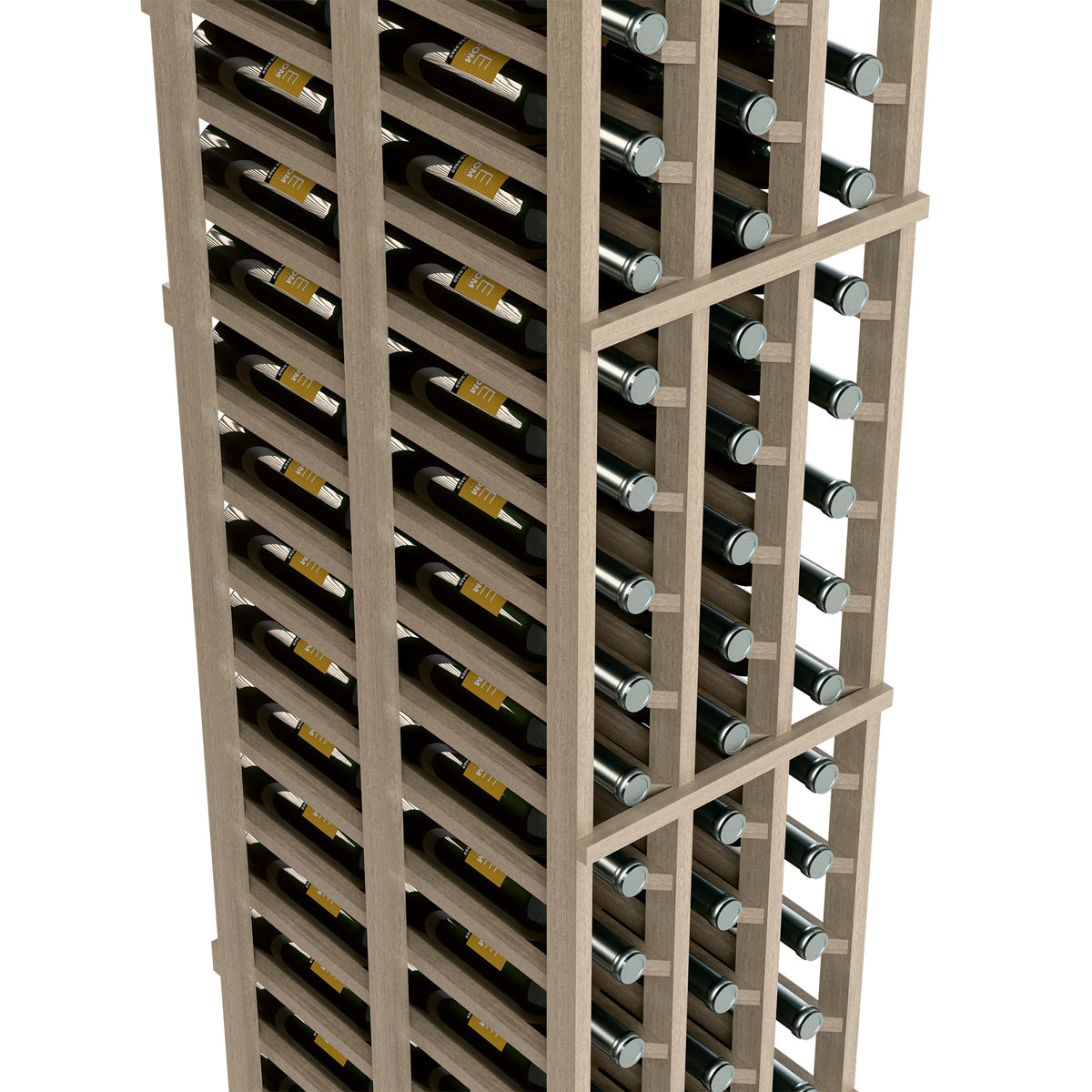 Wood wine rack close-up showing 3-column double-deep slots with bottles in rows