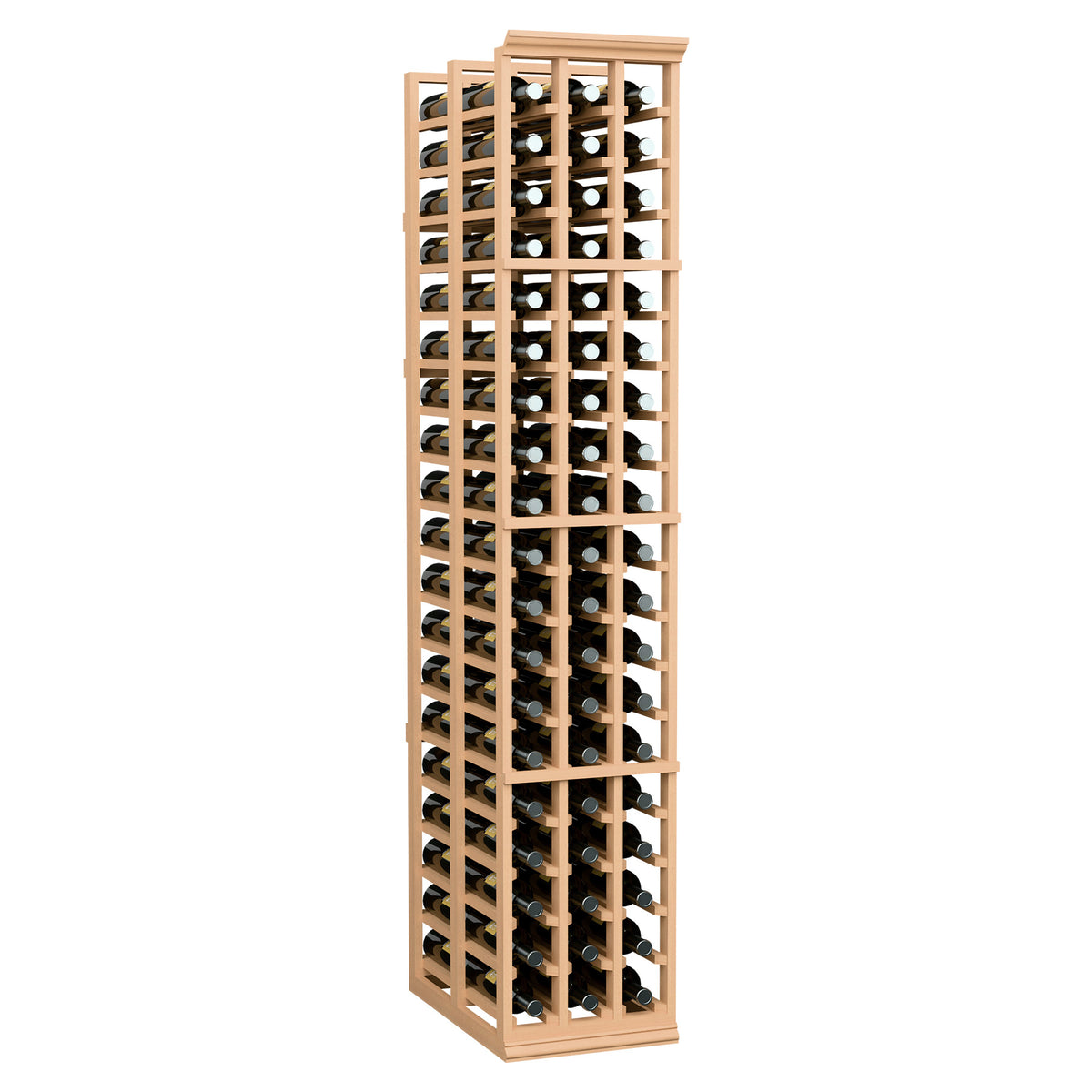 Wine bottle storage rack, tall light wood, 3-column double-deep rows of bottles