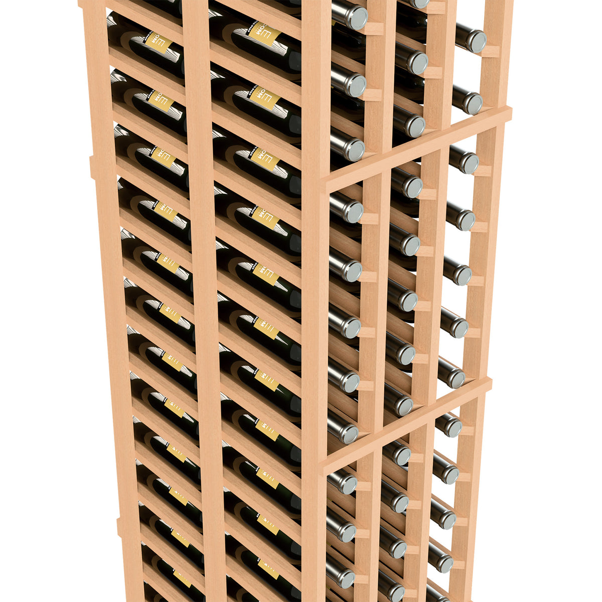 Light wood wine rack close-up with 3-column double-deep bottle rows and caps visible