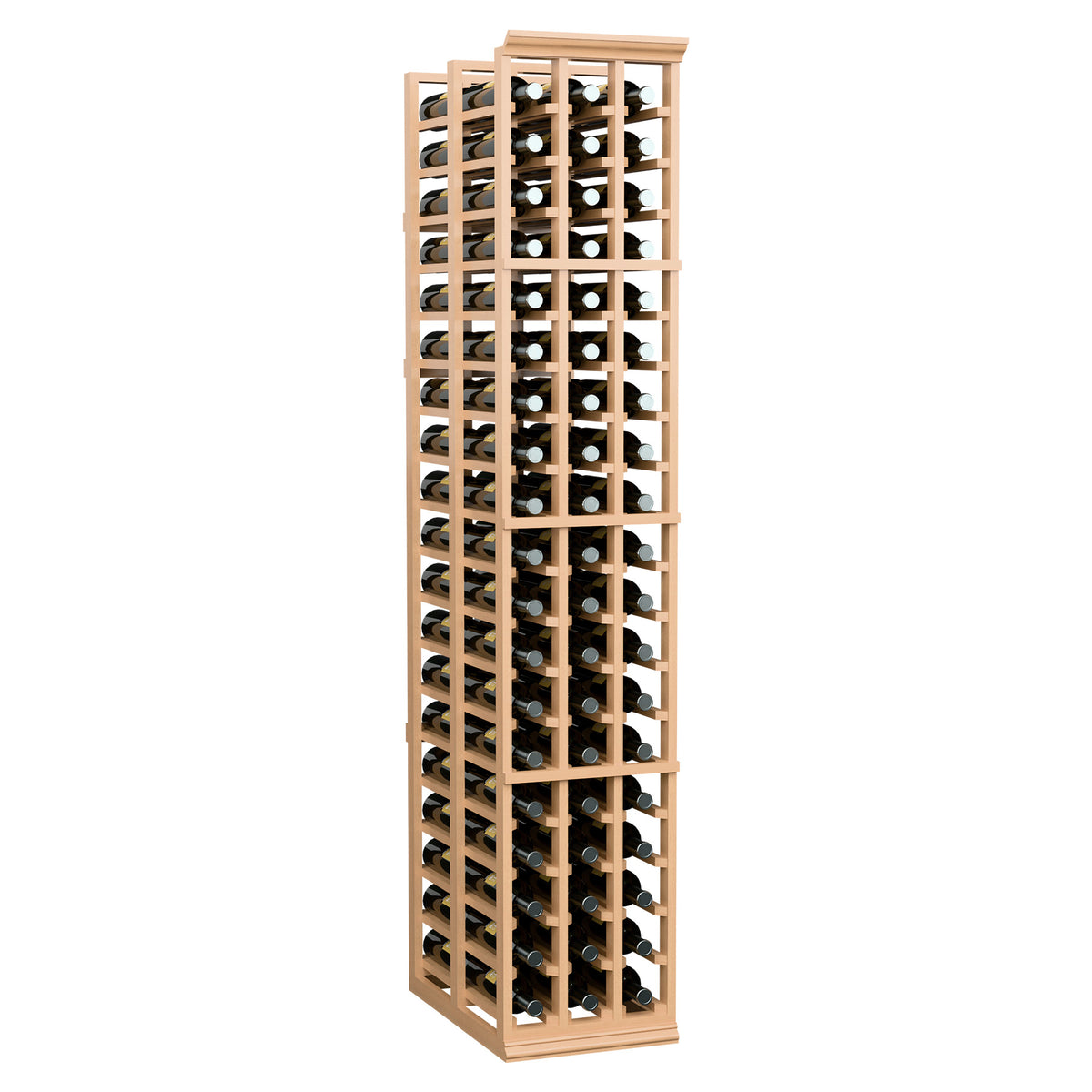 Wine bottle storage rack, tall light wood grid with bottles stored in double-deep rows