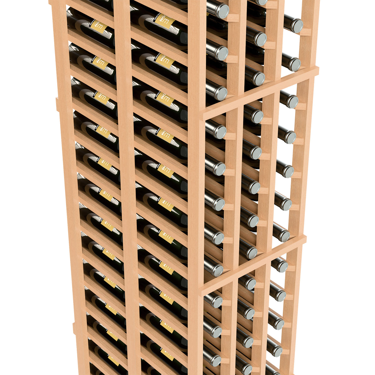 Light wood wine rack close-up with stacked slots and bottle necks in 3 columns
