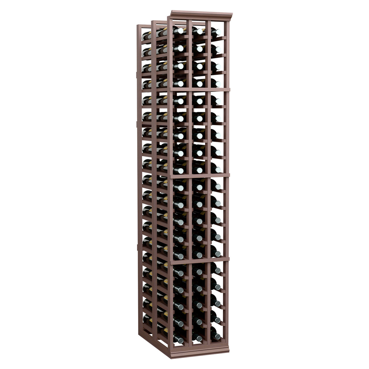 Wine bottle storage rack, tall dark wood, 3-column double-deep with bottle rows