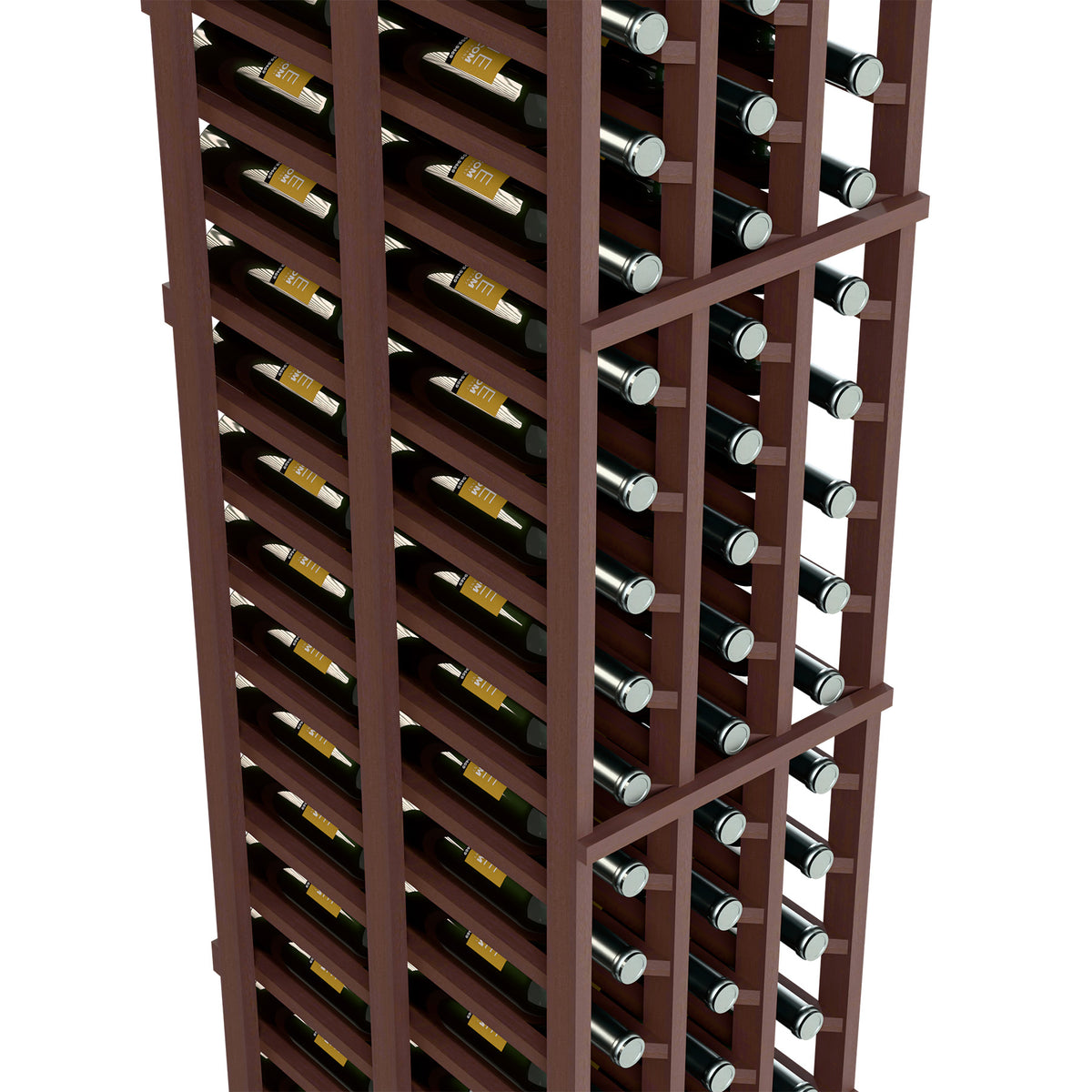 Dark wood wine rack close-up showing 3-column double-deep bottle storage with caps