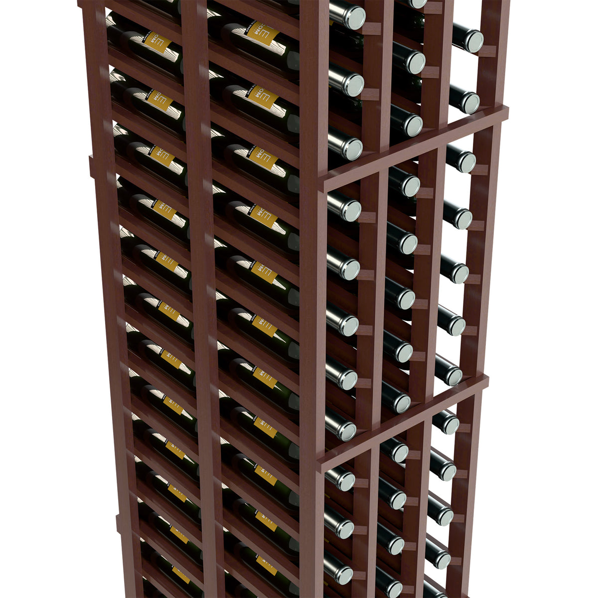 Close-up of dark wood wine rack showing bottle slots with metal-capped bottles