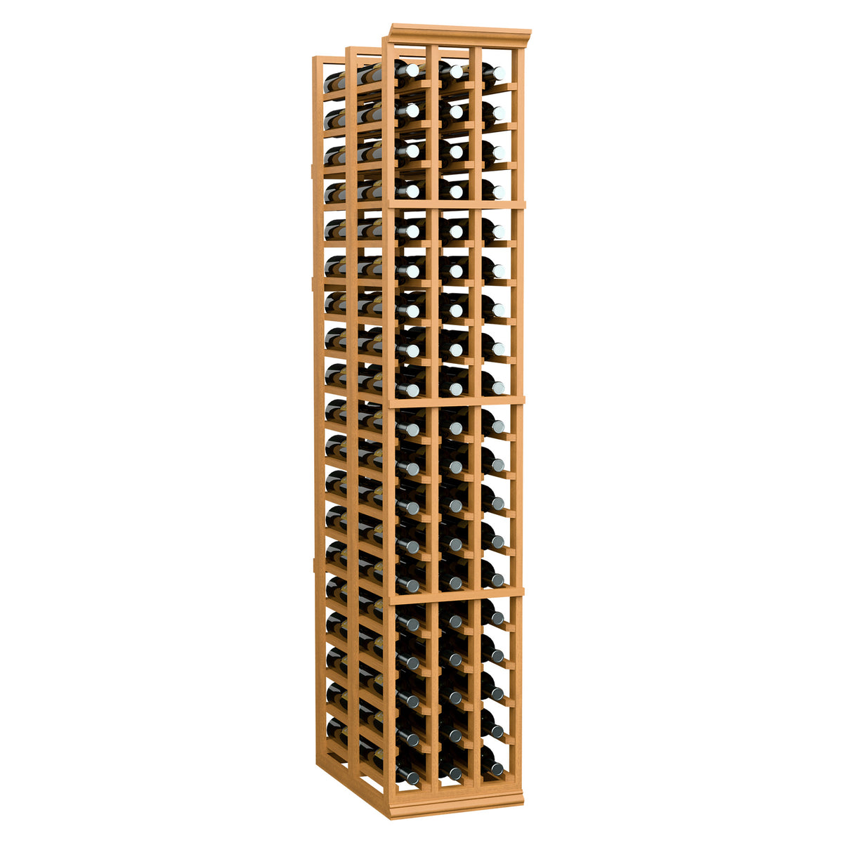 Light wood wine rack with two deep bottle rows per column and metal bottle holders