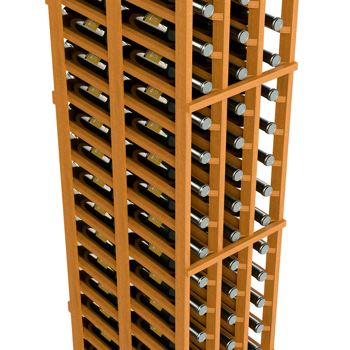 Close-up of light wood wine rack with front and side bottle openings and bottle necks