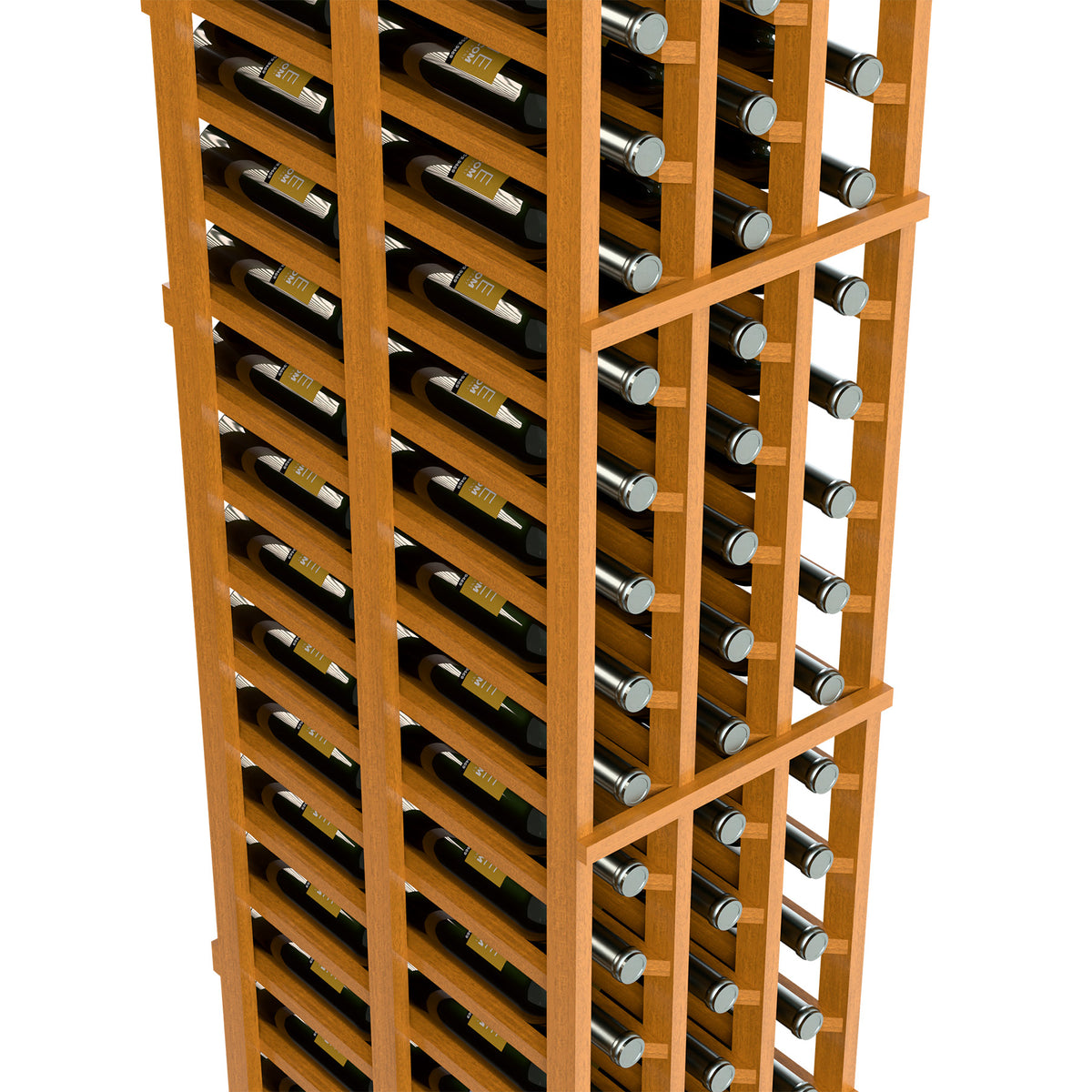 Wood wine rack close-up with two deep storage rows and bottle slots for multiple bottles