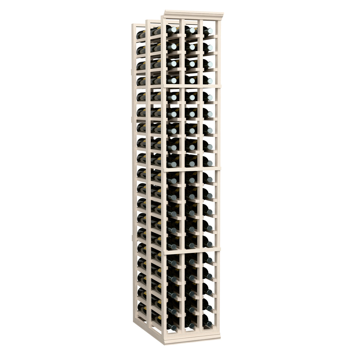 White-washed wine rack with two deep rows per column and round bottle holder pegs