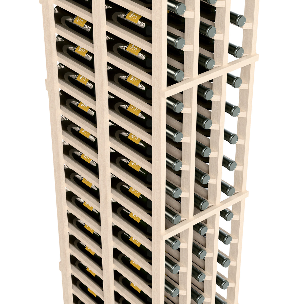 Close-up of white wine rack showing bottle spaces and peg-style bottle supports